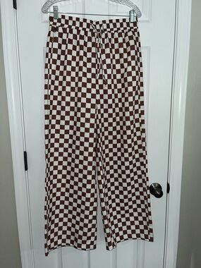 Checkerboard Wide Leg Pants - Brown & White